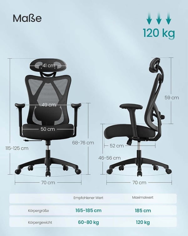 Kontorstol, 68x66x114-123,5 cm, Sort
