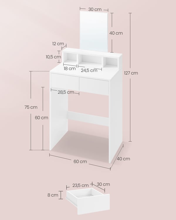 Sminkebord, 40x60x127 cm, Rosa