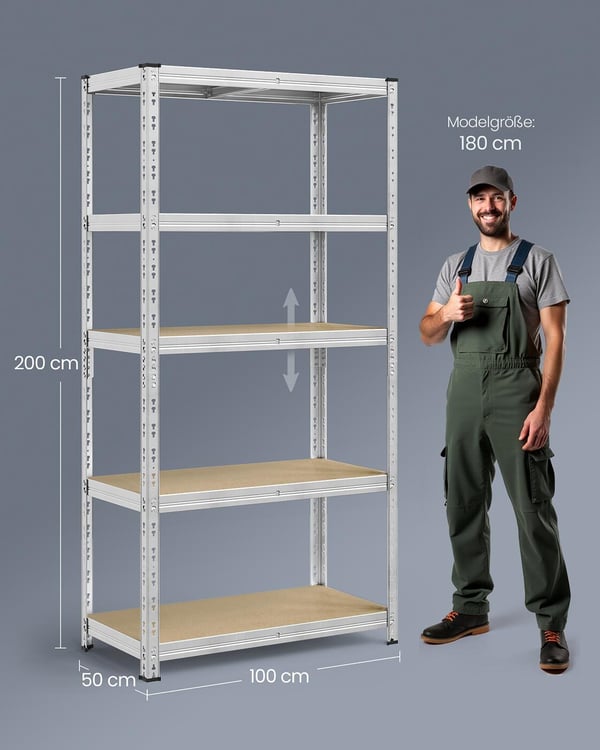 Robust hylle, 50x100x200 cm, Sølv