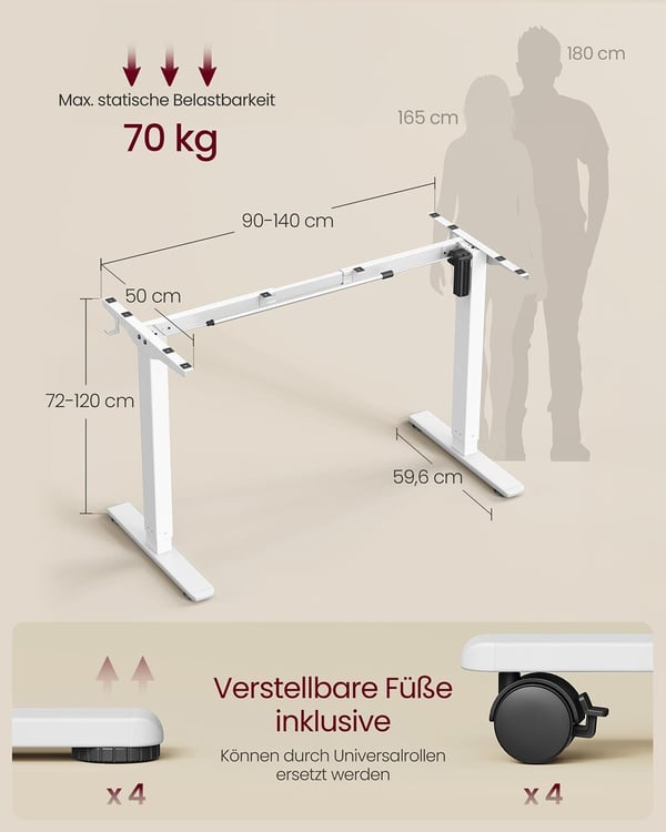 Korkeussäädettävä työpöydän runko, 59.6x90-140x72-120 cm, valkoinen