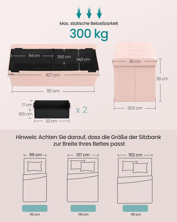 Opbevaringsbænk, 38x76x38 cm, Pink