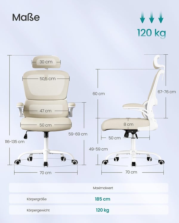 Kontorstol, 64x71,5x116-135 cm, Beige