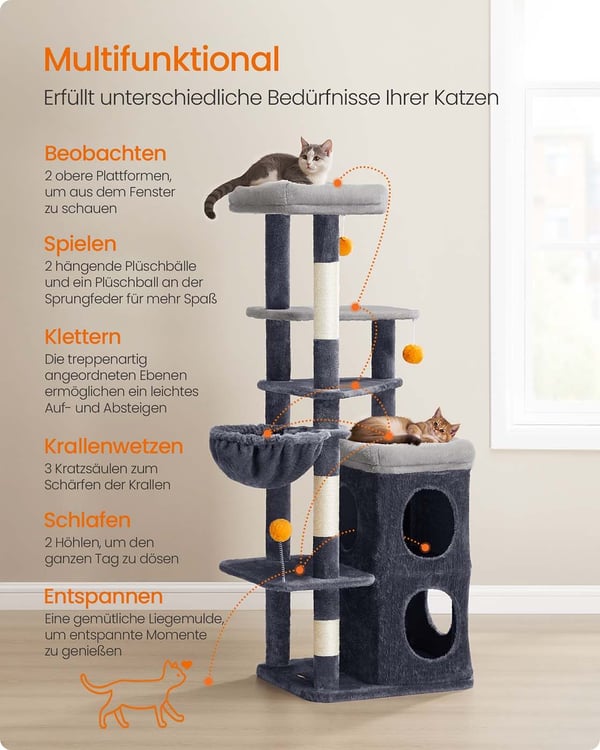 Kattträd, 53x46x152 cm, Mörkgrå