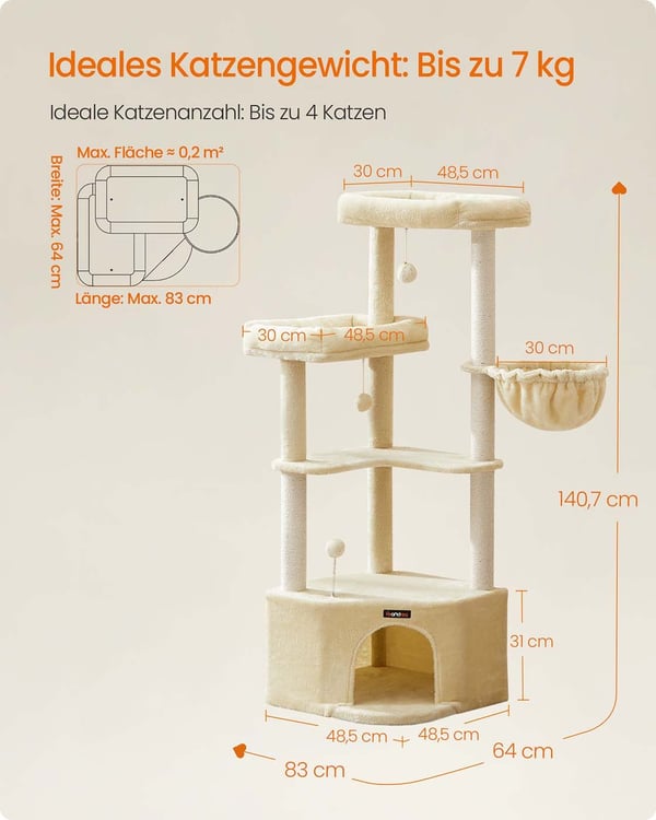 Kattträd, 48,5x48,5x140,7 cm, Beige