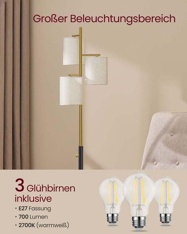 Gulvlampe, 29x29x173 cm, Guld