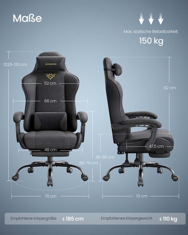 Gamerstol, 70x70x123,5-133 cm, Sort