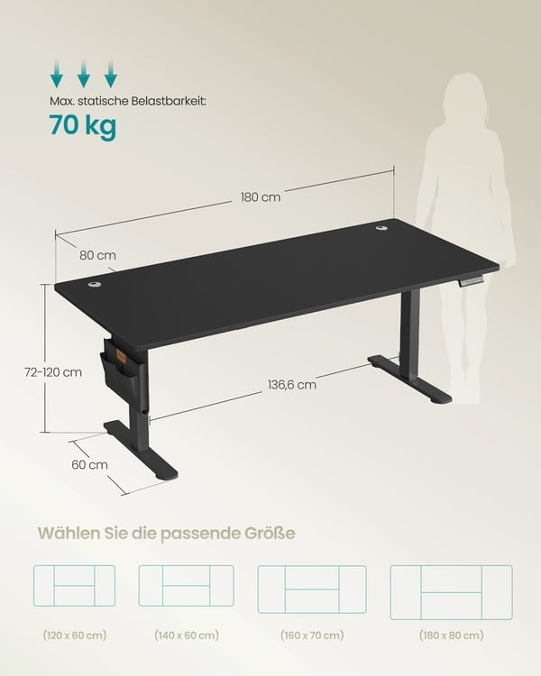 Justerbart Skrivebord, 60x120x72-120 cm, Sort