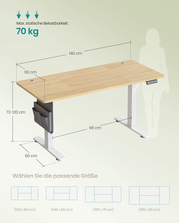 Justerbart skrivebord, 60x120x72-120 cm, Hvit