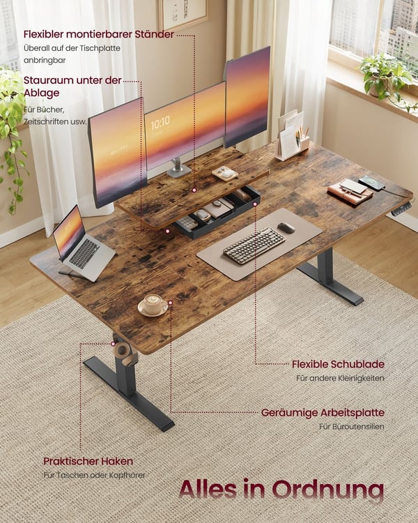 Højdejusterbart Skrivebord, 160x80x72-120 cm, Brun