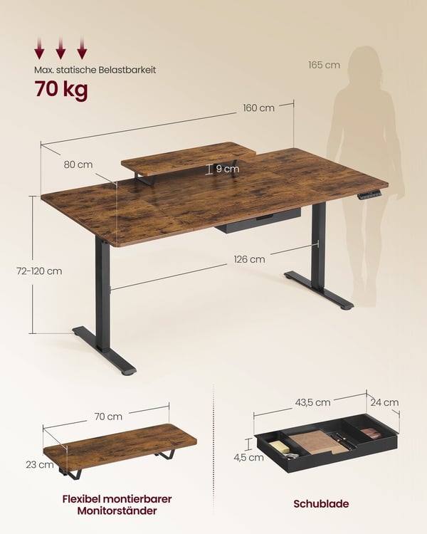 Højdejusterbart Skrivebord, 160x80x72-120 cm, Brun
