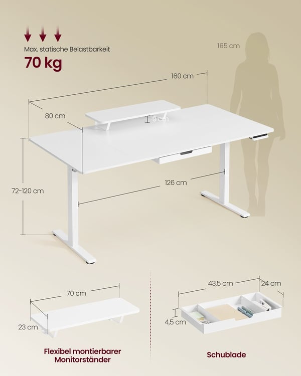 Højdejusterbart skrivebord, 140x70 cm, hvid