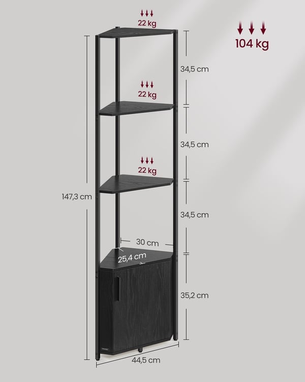 Hjørnereol, 25.4x44.5x147.3 cm, Sort