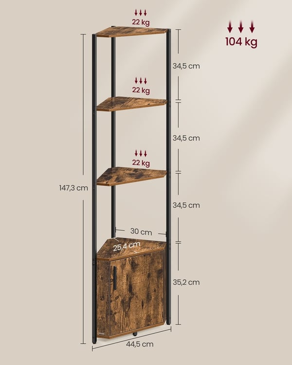 Hjørnehylde, 25,4x44,5x147,3 cm, Brun