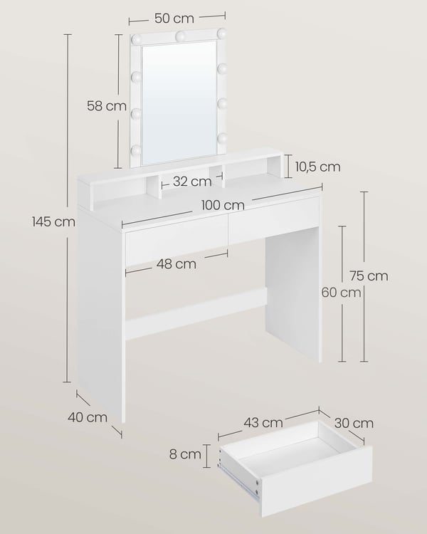 Sminkbord, 40x100x145 cm, Vit