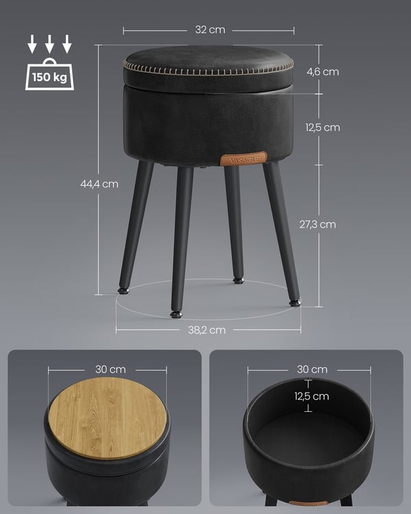 Rund krakk puff, 38,2x44,4 cm, svart