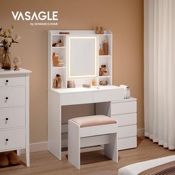 Toiletbord, LED-spejl, justerbare hylder, hvid