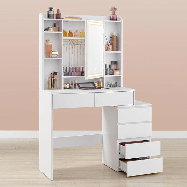 Toiletbord, LED-spejl, justerbare hylder, hvid