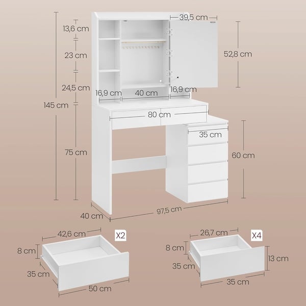 Toiletbord, LED-spejl, justerbare hylder, hvid