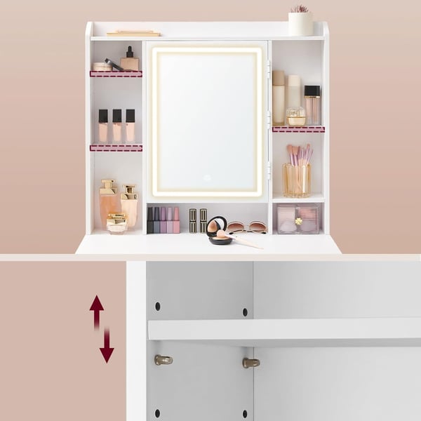 Toiletbord, LED-spejl, justerbare hylder, hvid