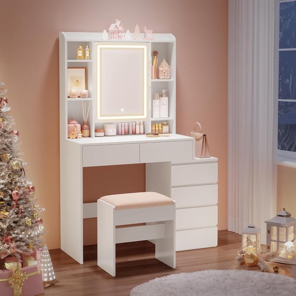 Toiletbord, LED-spejl, justerbare hylder, hvid