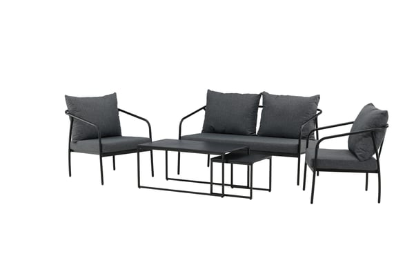 Sohvaryhmä, Sopot, Pöytä 1: 45x100x55 cm, Pöytä 2: 37x45x45 cm, Tuoli: 74x72 cm, Sohva: 74x146 cm, Musta