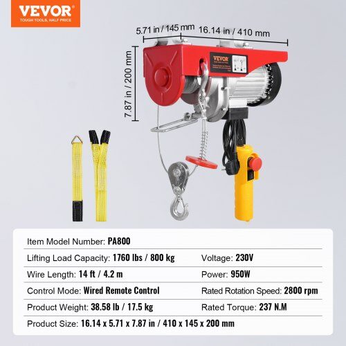 Elektrisk vinschkran, 410x145x200 mm, 798,3 kg, 426,7 cm, elektrisk