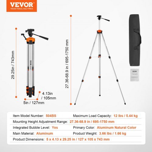 Laser-niveau stativ, 69.5x105x743 mm, aluminium, justerbar