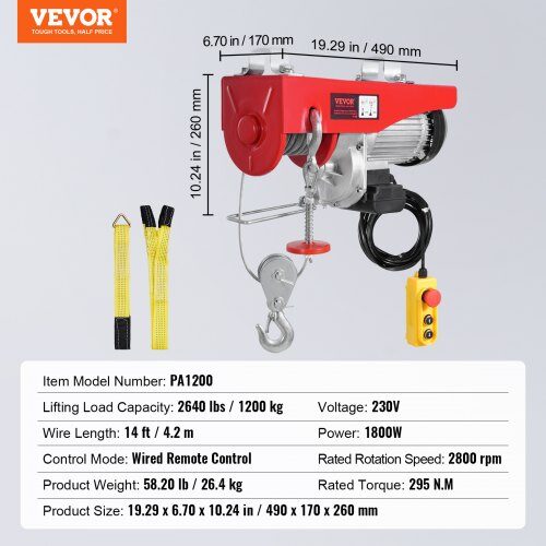 Elektrisk lyftkran vinsch, 49x17x26 cm, 1197,5 kg, 426,7 cm, trådbunden fjärrkontroll