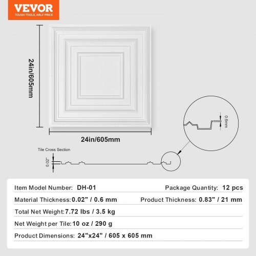 Loftplader, 61x61 cm, Hvid, PVC