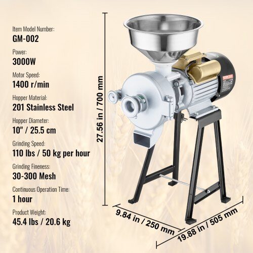 Kornmølle, Elektrisk Kommerciel Grinder 3000W, 50.5x25x70 cm, rustfrit stål
