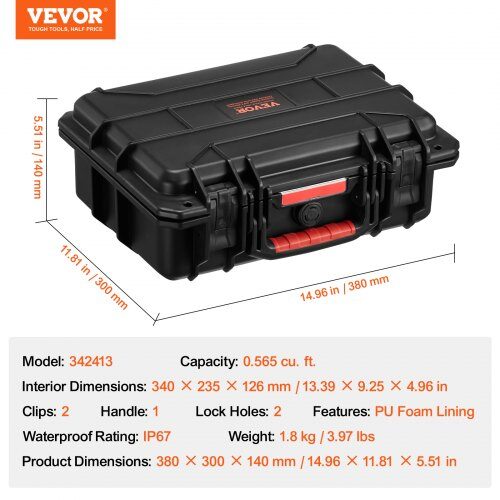 Hardcase, 38x30x14 cm, Sort, Vandtæt Opbevaring