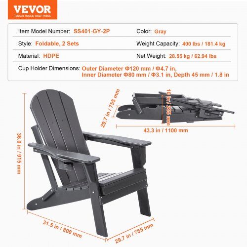 Adirondack stol sæt, 31.5x29.7x36 cm, grå, sammenklappelig plast