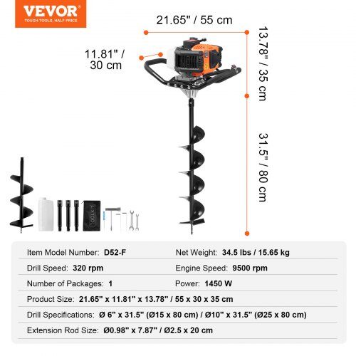 Jordborr, Bensindriven jordborr 55x30x35 cm, Orange, Stål