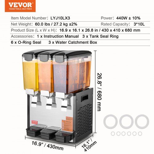 Dryckesdispenser, 3 behållare à 10 L, 43x41x68 cm, rostfritt stål