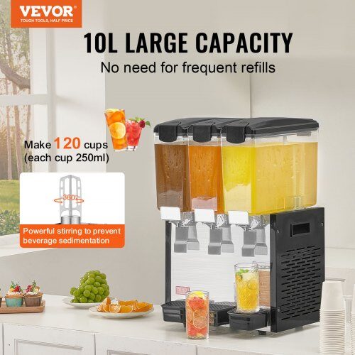Dryckesdispenser, 3 behållare à 10 L, 43x41x68 cm, rostfritt stål