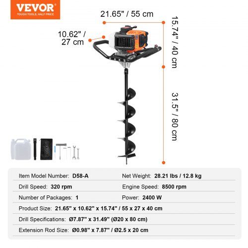 Jordborr 55x27x40 cm 20.3 cm borr Gasdriven