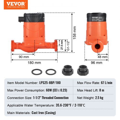 Lämminvesikiertopumppu LPS25-8BP-180, 38 mm, valurauta