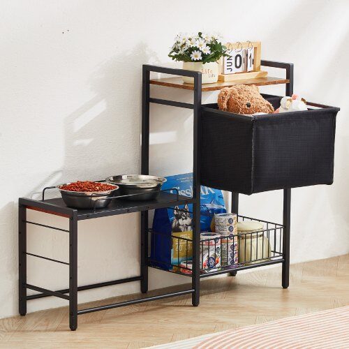Foderstation til kæledyr med opbevaring, 92x27x75 cm, sort, træ og metal