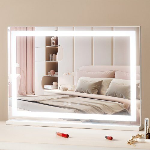 Makeupspejl, 80x12x57.2 cm, Hvid, Med lys og Bluetooth