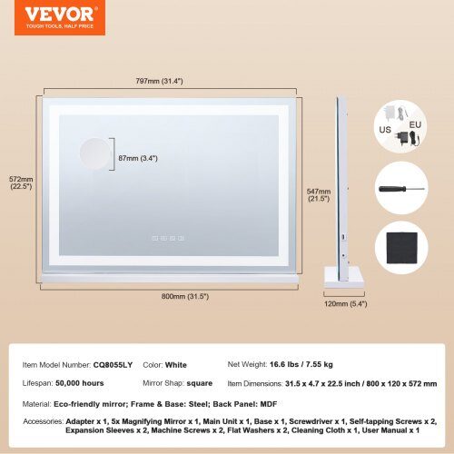 Makeupspejl, 80x12x57.2 cm, Hvid, Med lys og Bluetooth