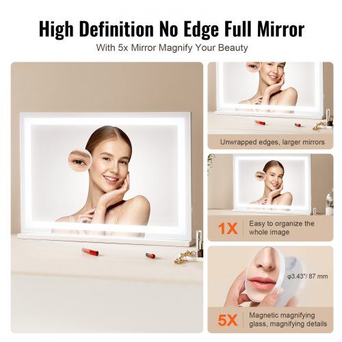Makeupspejl, 80x12x57.2 cm, Hvid, Med lys og Bluetooth
