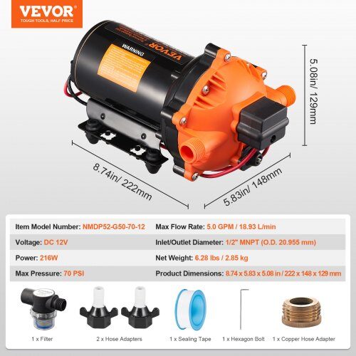 Membranvandpumpe, 18.93 L/min, 222x148x129 mm, Justerbart tryk