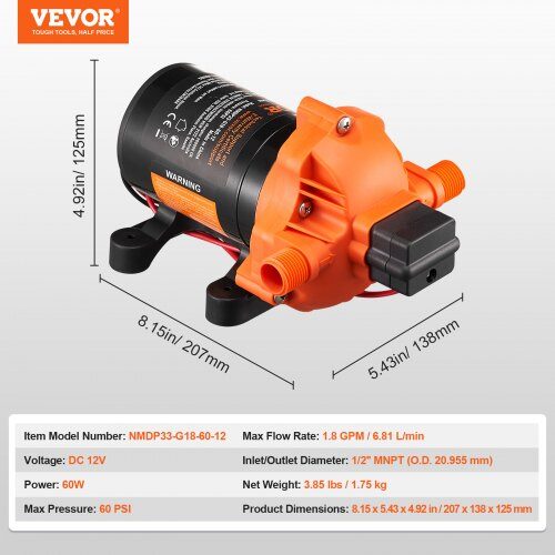Membranvandpumpe, 6.81 L/min, 207x138x125 mm, Justerbart tryk