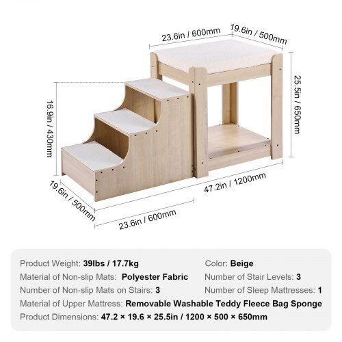 Kæledyrs køjeseng, 120x50x65 cm, beige, med trappe
