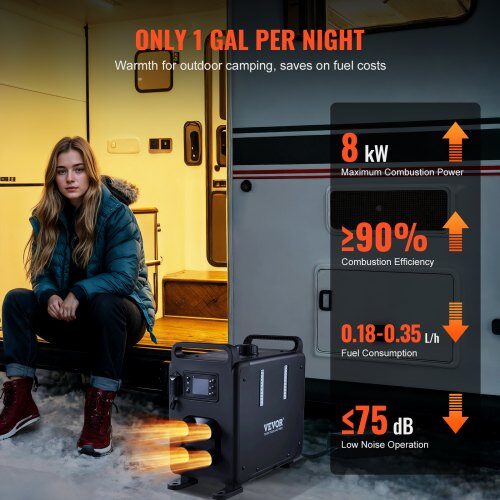 Diesel luftvarmer, 8kW, 12V/24V, Bluetooth, CO-alarm, bærbar varmeenhed
