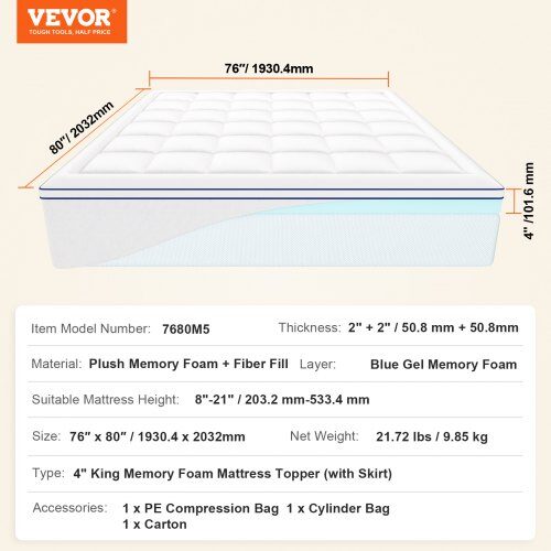 Topmadras, Premium Memory Foam Fiberfyld, 193x203.2x10.2 cm, King