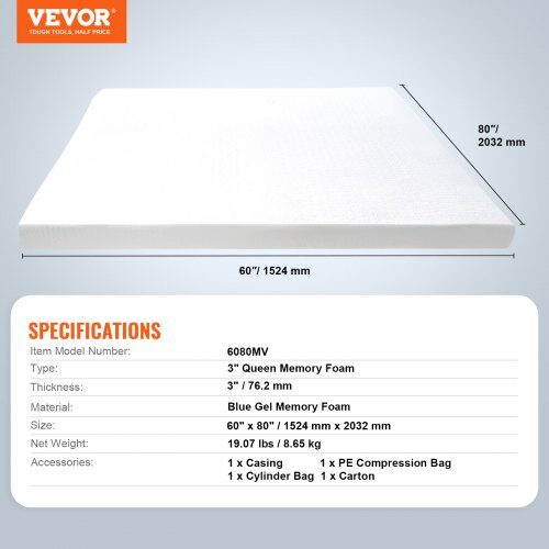 Madrasskydd, Queen Size, 152.4x203.2x7.6 cm, Blå, Memory Foam