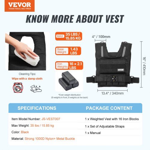 Viktväst, Justerbar 35 lb med järnvikter, Svart, Nylon
