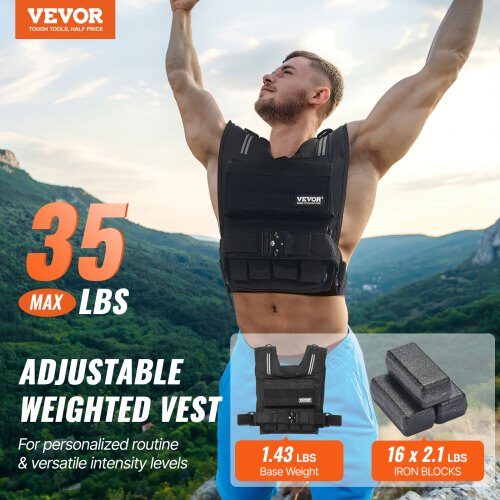 Viktväst, Justerbar 35 lb med järnvikter, Svart, Nylon