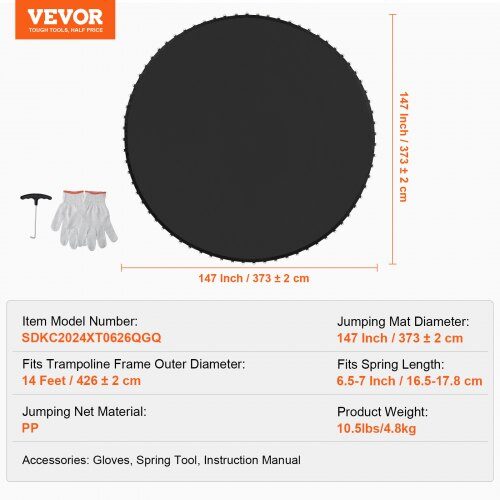 Trampolinmåtte, Udskiftnings springmåtte 373 cm, Sort, UV-resistent